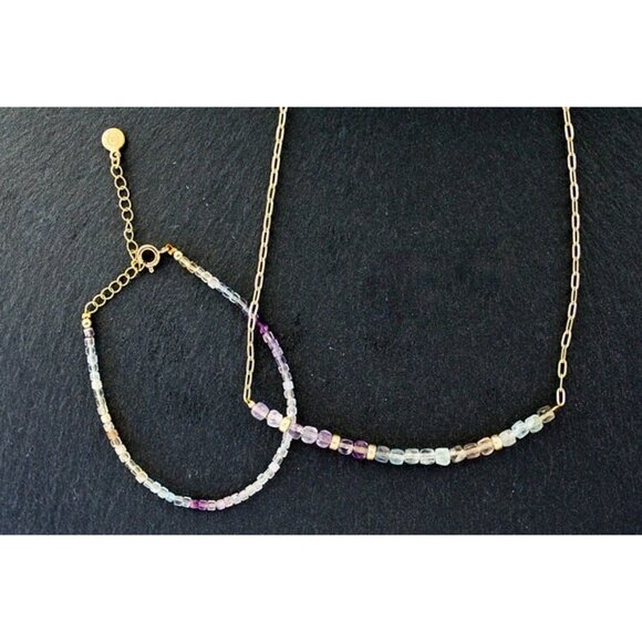 Fluorite Bundle Necklace & Bracelet Non-tarnish Gold Chain Waterproof Jewelry - Picture 2 of 12